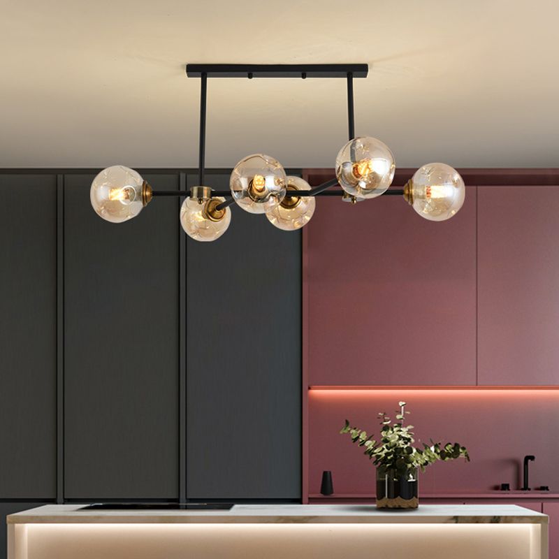 6 Ligera de la isla negra moderna Ligera de la isla del colgante de la isla esférica de la isla de vidrio Luz de techo para mesa de comedor