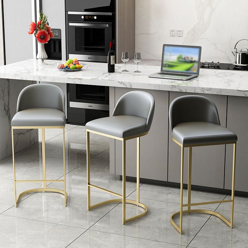 Glam Gray Metal Barstool Faux Leather Upholstered Counter Stool with Gold Base