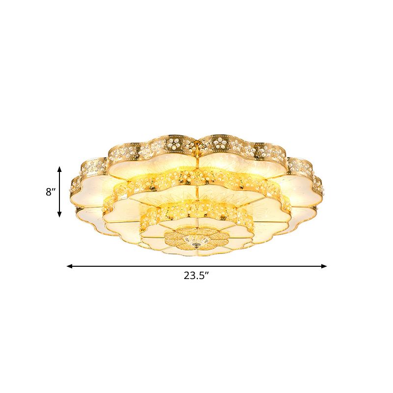 LED Flush Mount Fixture Contemporary Bedroom Ceiling Lamp with Flower Crystal Shade in Gold