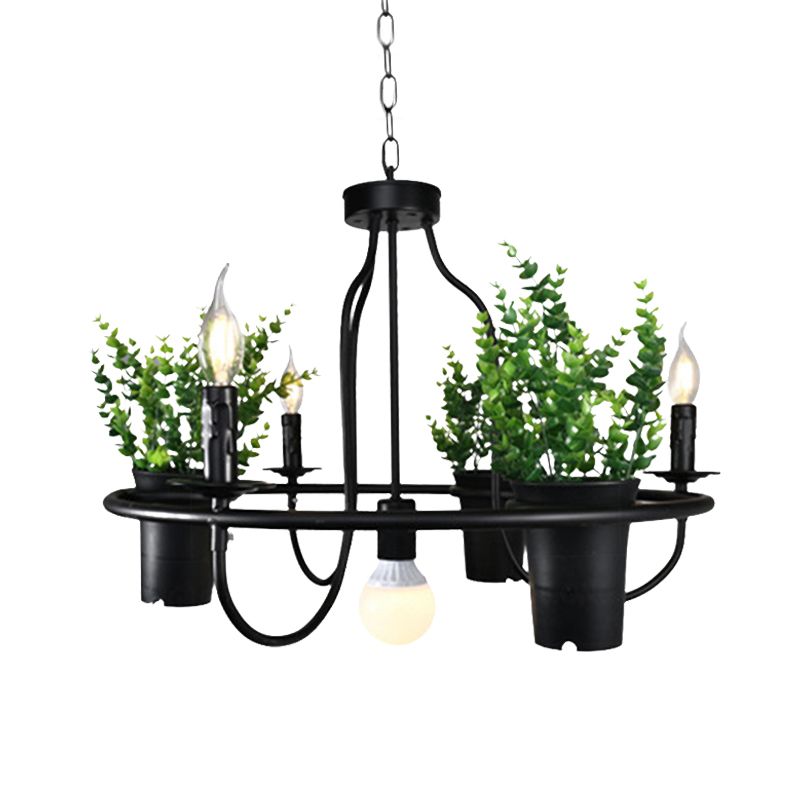 Candle Metal Chandelier Light Industrial 4/7 Bulbs Restaurant LED Hanging Lamp in Black with Plant