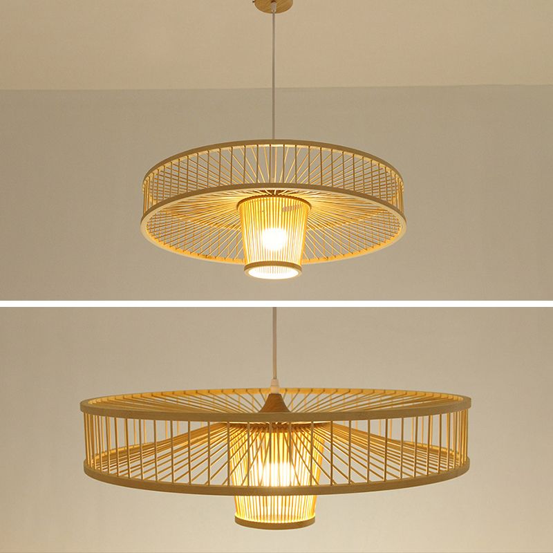 Asian Style Bamboo Weaving Suspension Light Single Bulb Creative Hanging Lighting Fixture in Beige