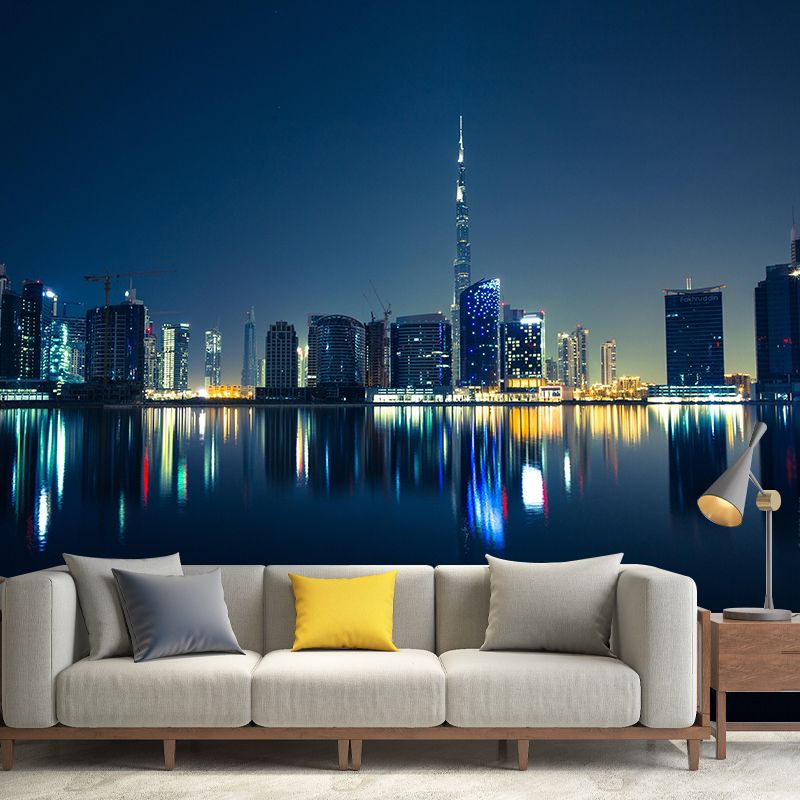 Dubai Night City View Mural Bright Stain Resistant Wall Covering for Living Room
