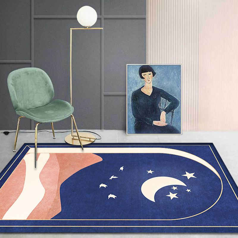 Oriental Moon Pattern Rug Blue and Orange Polyester Rug Non-Slip Backing Washable Pet Friendly Carpet for Home