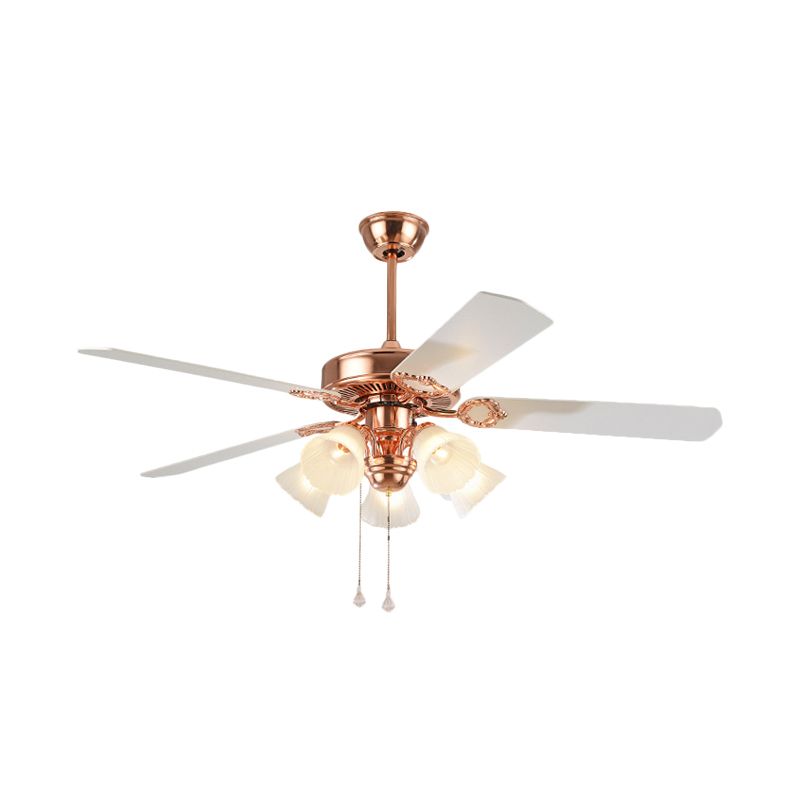 52" Wide Gold 5 Lights Hanging Fan Light Countryside Frosted Glass Bell Shade Semi-Flush Mount, 5 Blades