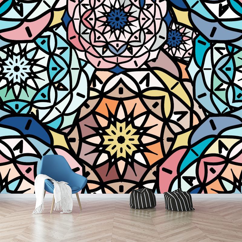 Pink-Blue Floral Layers Mural Decal Stain Resistant Boho Chic Bedroom Wall Decoration