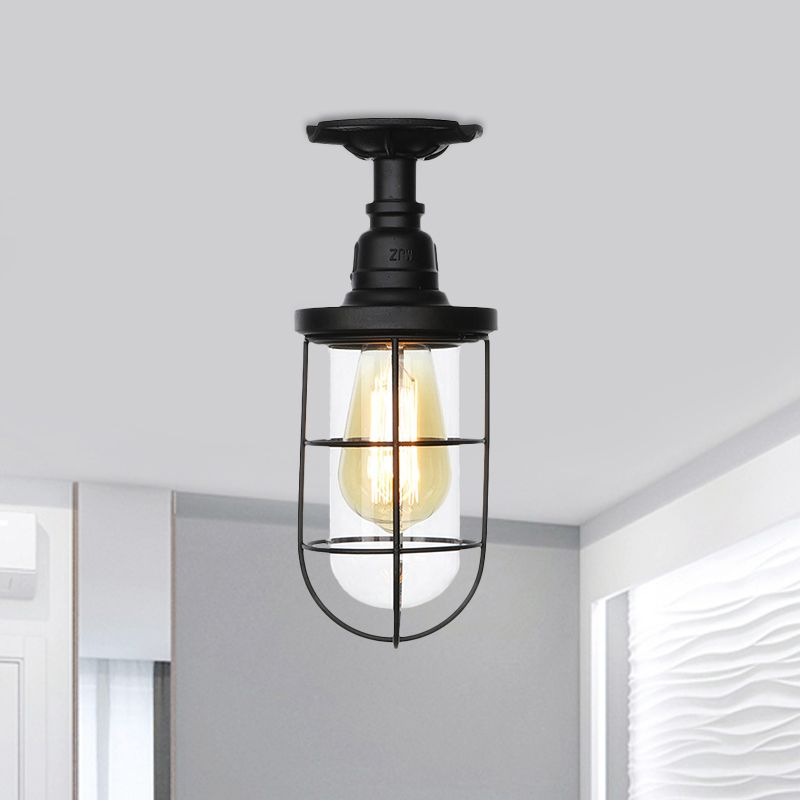 1-Head Caged Semi Flushmount Antiqued Black Iron Flush Ceiling Lamp with Clear Glass Shade
