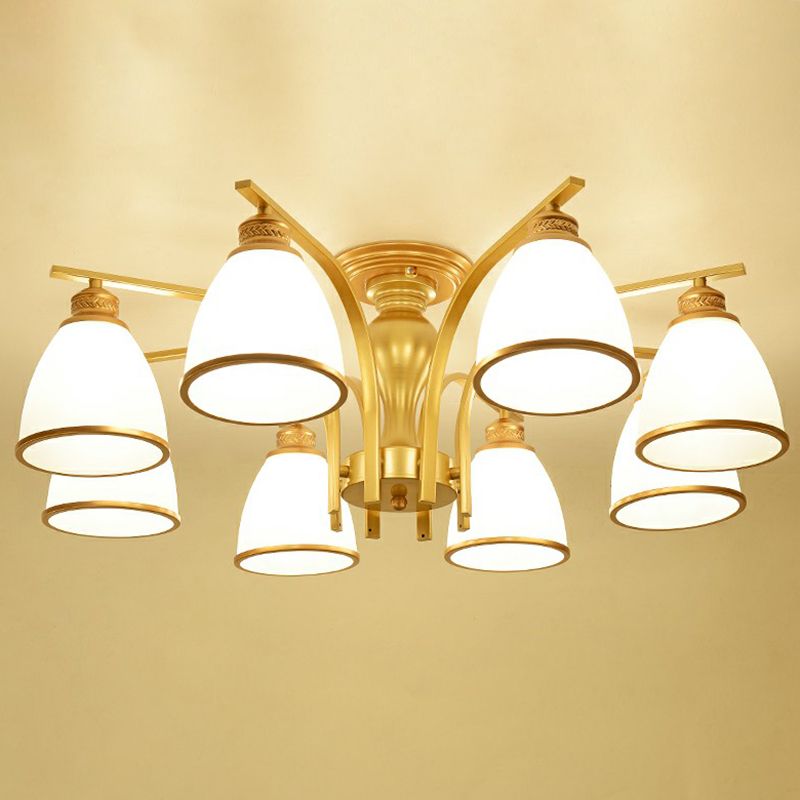 Goud afwerking bell semi spoel kroonluchter traditionele opaalglazen slaapkamer plafond gemonteerd licht