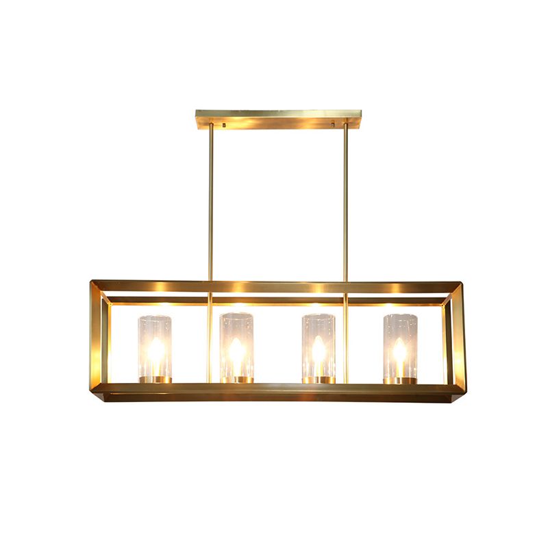 3/4 Bulbs Island Ceiling Light Colonial Cylindrical Clear Glass Suspension Lamp in Gold with Rectangle Metal Cage