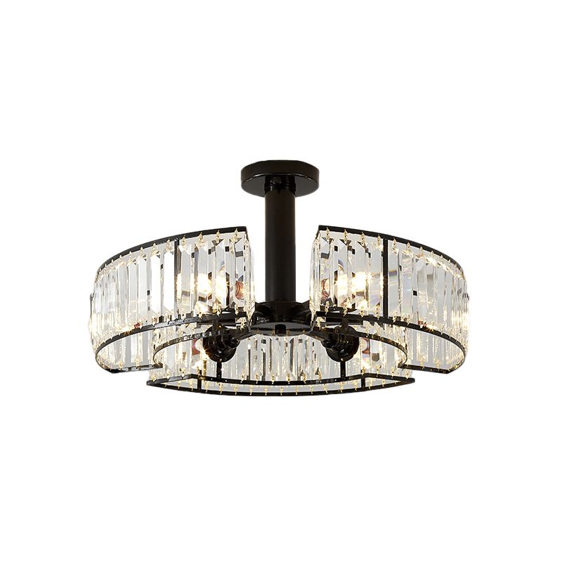 Crystal Block Drum Shade Semi Mount Lighting Vintage 6 Heads Close to Ceiling Lighting in Black