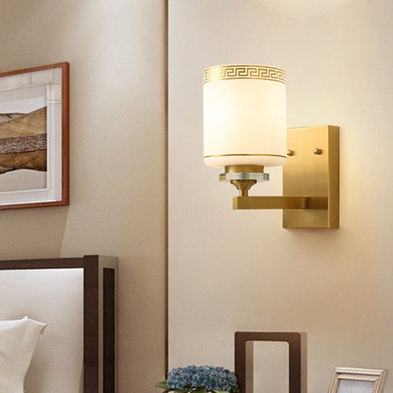 1 Light Wall Mounted Lamp Modern Style Drum Shade White Glass Wall Lighting Fixture in Brass for Hallway