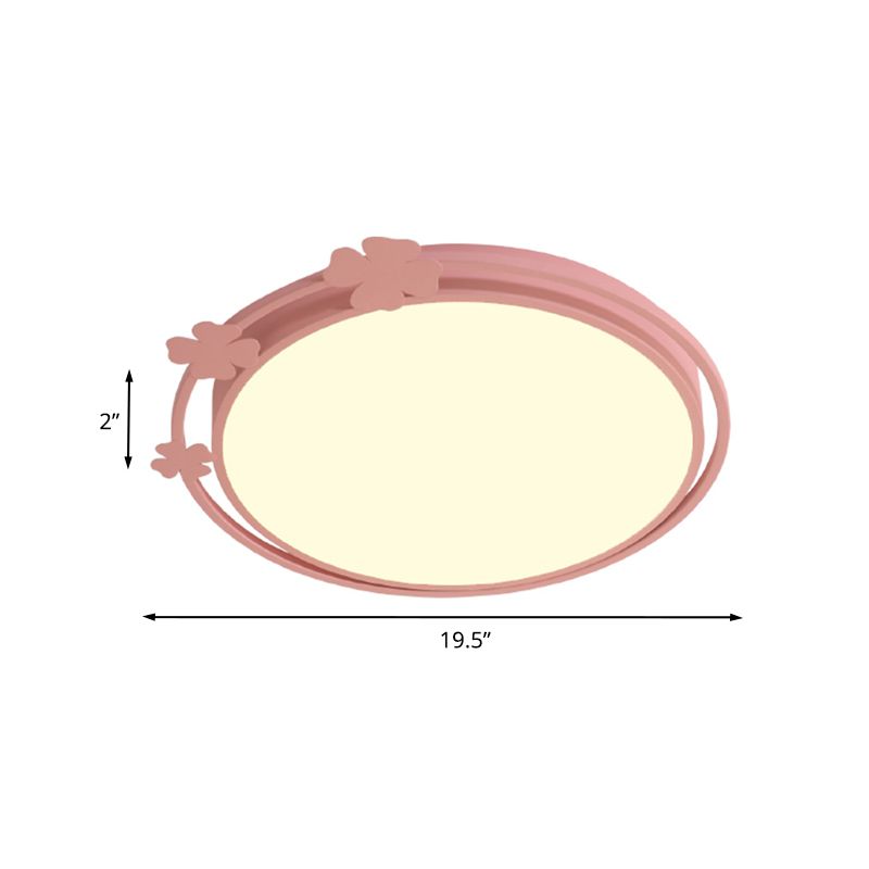 Round Metallic Flush Mount Kids LED Pink Flushmount Light with Clover Deco in White/Warm Light