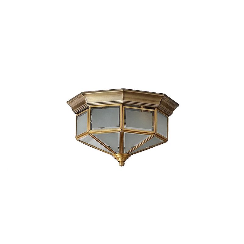 Brass Geometric Ceiling Fixture Traditional Frosted Glass Flush Mount for Corridor