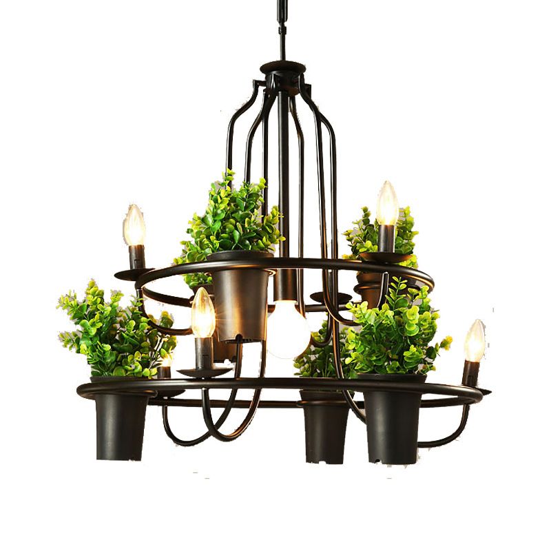 Circle Dining Room Chandelier Country Metallic 4-Light Green Pendant Light with Leaf Decoration