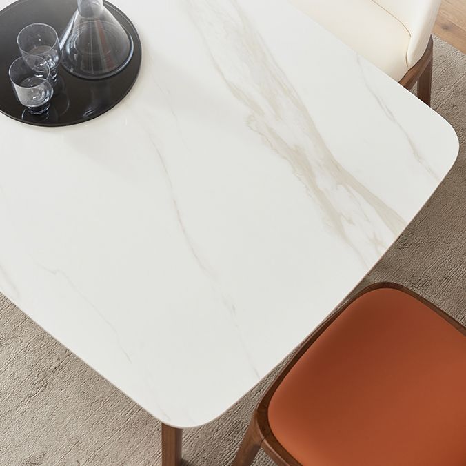 Mesa moderna de mediados de siglo de madera maciza, mesa rectangular de piedra sinterizada blanca