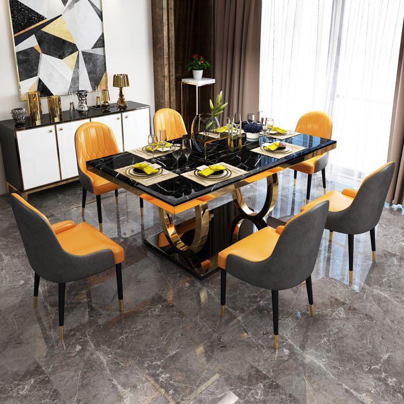 Traditional Luxury Marble Dining Table Rectangle Table with Metal Pedestal