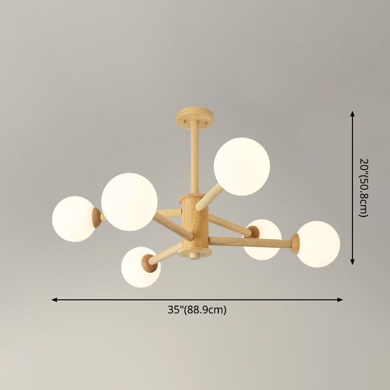 Béige en bois massif léger suspension simplicité moderne lampe à lustre à nuance en verre givré blanc pour chambre à coucher pour le salon