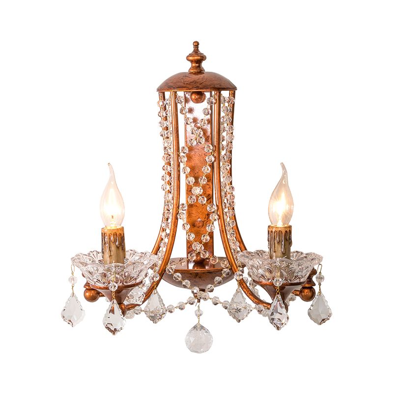 2 Heads Candle Wall Mount Light with Crystal Beaded Strand French Country Sconce Light in Weathered Copper