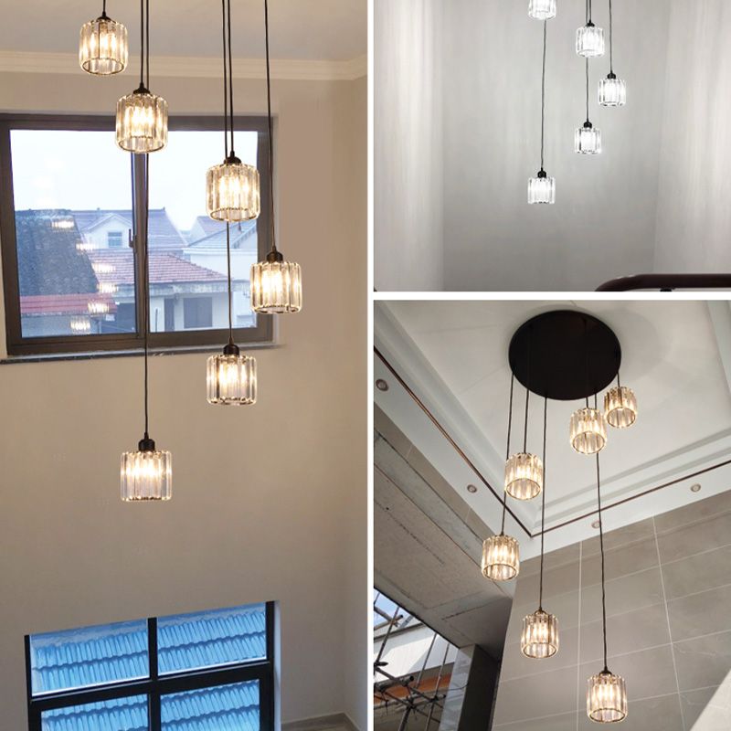 Contemporary Cylindrical Pendant Clear Crystal Multiple Hanging Ceiling Light for Spiral Stair