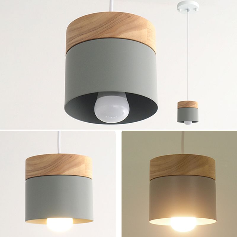 Indoor Macaroon Cylinder Pendant Light Wooden Mini Ceiling Lamp in Metal Shade