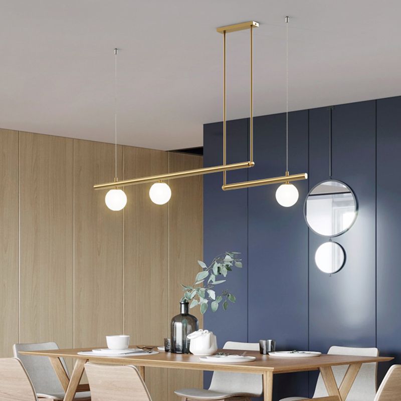 Gold Finish Linear Hanging Light Simplicity Metal Island Light with Ball White Glass Shade