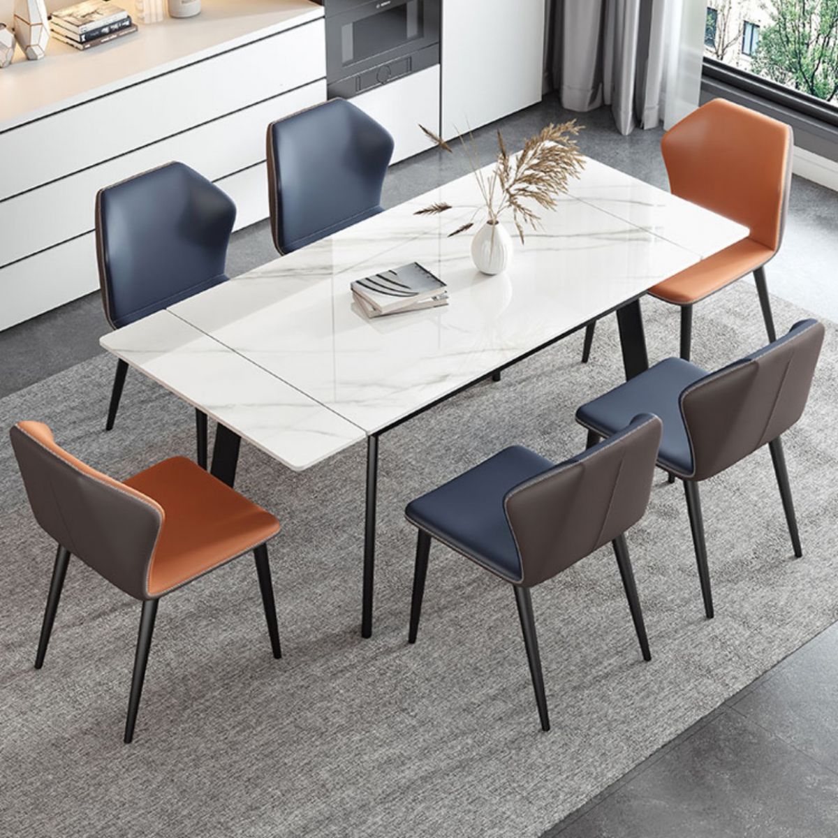 Modern Rectangle Dining Table Sintered Stone 4 Legs Table with Black Frame