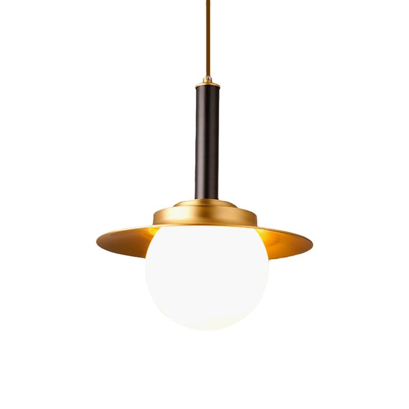 Metal Cap Pendant Light Fixture Post-Modern 1 Head Brass Hanging Lamp Kit with Bottom Ball Glass Shade