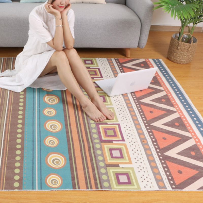 Multi-Colored Living Room Rug Moroccan Geometric Print Carpet Cotton Blend Machine Washable Braided Area Rug