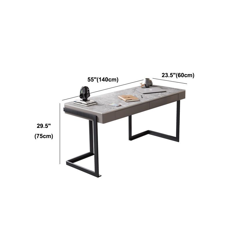 Modern Style 2-drawer Office Desk Sintered Stone Gray Top Desk for Home