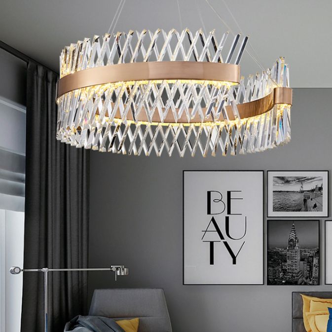Simple Geometric Chandelier K9 Strip Crystal Dining Room LED Suspension Lighting in Rose Gold