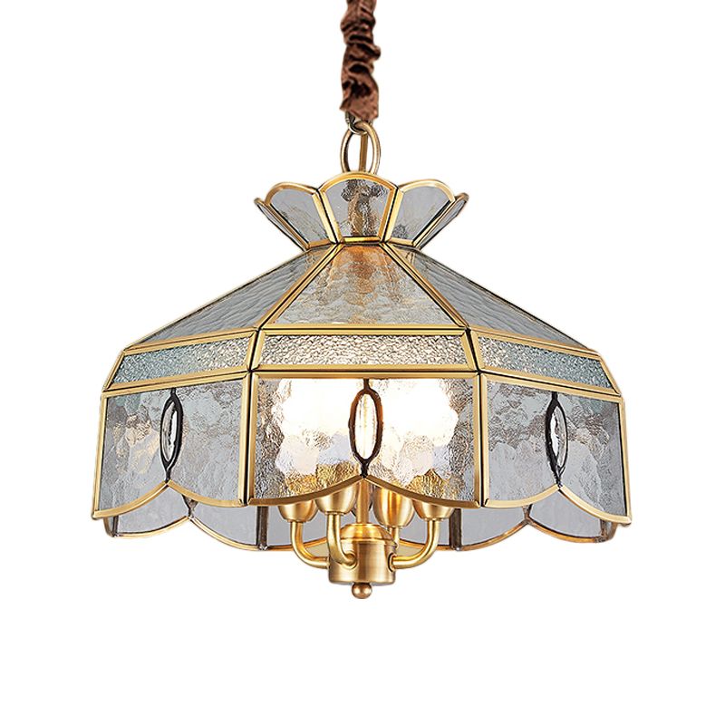 Colonial Style Geometric Pendant Chandelier 4 Lights Clear Water Glass Hanging Ceiling Lamp in Brass