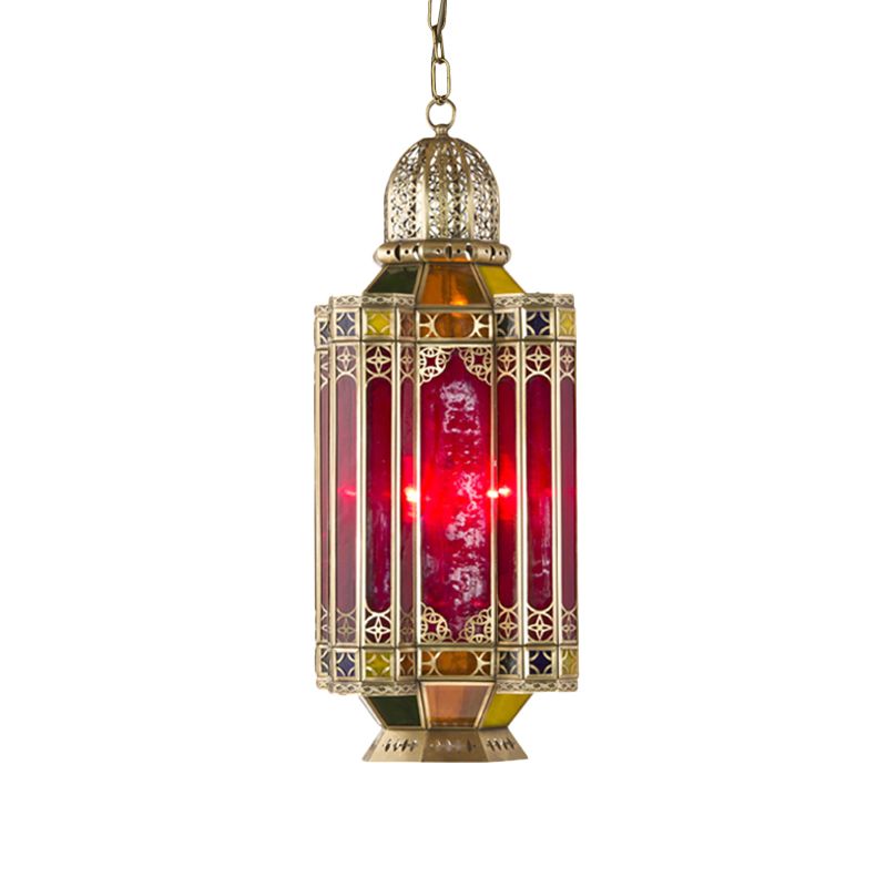 Arab Lantern Hanging Chandelier 3 Heads Red Glass Pendant Ceiling Light in Brass for Corridor