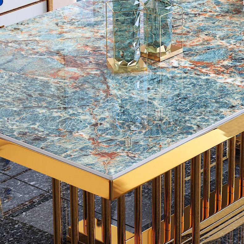 Luxe gesinterde stenen bovenste eettafel in blauwe rechthoektafel met gouden metalen voetstuk