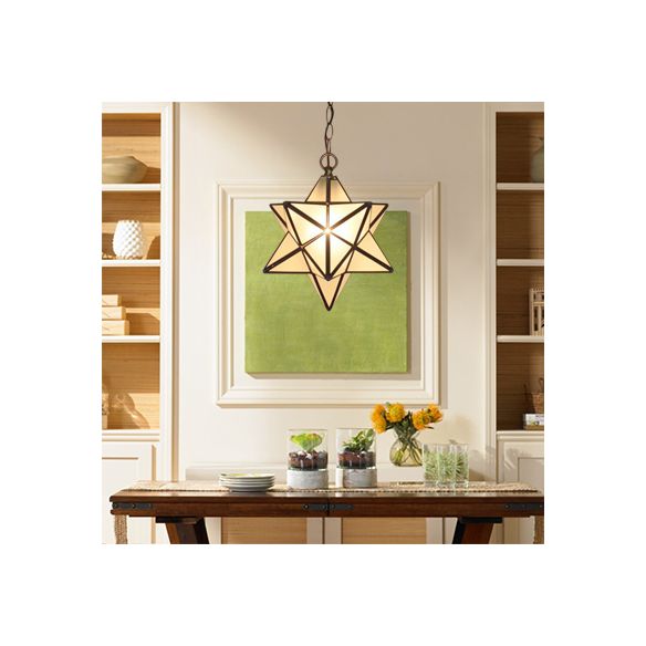 Textured White/Clear Star Hanging Pendant Light Tiffany Style 8"/12" W 1 Head Stainless Glass Ceiling Lamp for Dining Room