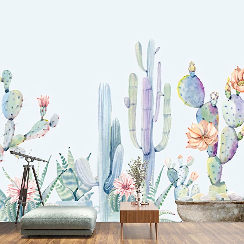 Light Green Cactus Mural Wallpaper Stain Resistant Tropix Living Room Wall Covering