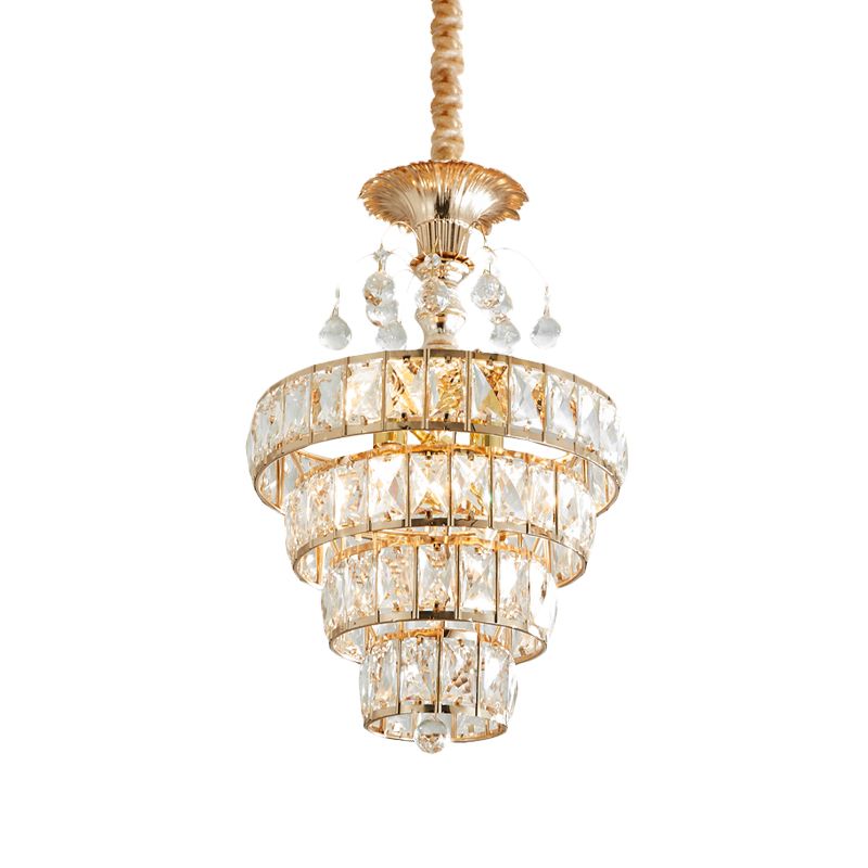 4-laags kegel kristal drop lamp traditionele 5 lichten woonkamer kroonluchter hanger in goud