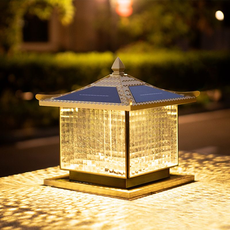 1-Light Pillar Lamp Square Solar Lighting Fixture with Glass Shade for Garden