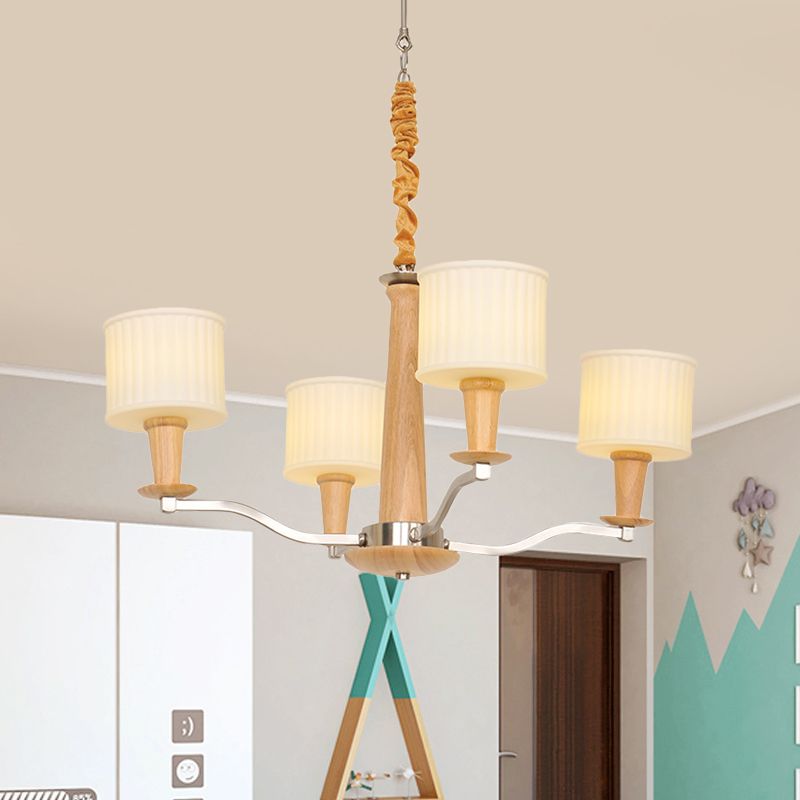 Lustre de plafond radial beige moderniste moderniste en bois suspendu en bois avec tambour en verre crème à tambour