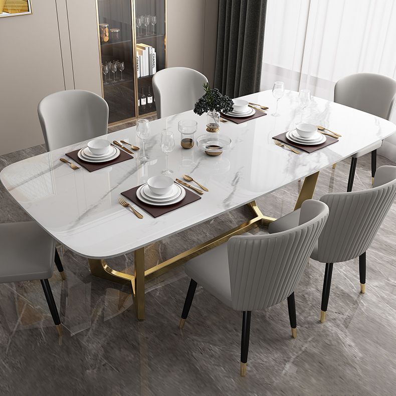 Luxury Sintered Stone Top Table Rectangle Table with Trestle Base in Gold