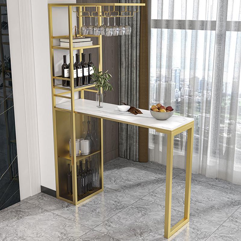 Glam Pub Table with Wine Storage Rectangle Stone Top Bar Table with Metal Frame
