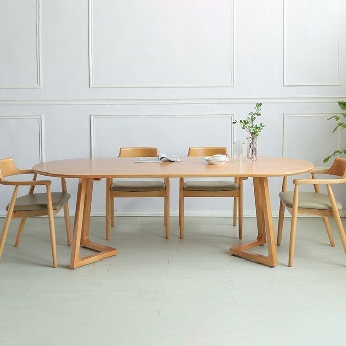 Modern Pine Wood Table for Restaurant Oval Table with Two Wood Pedestal