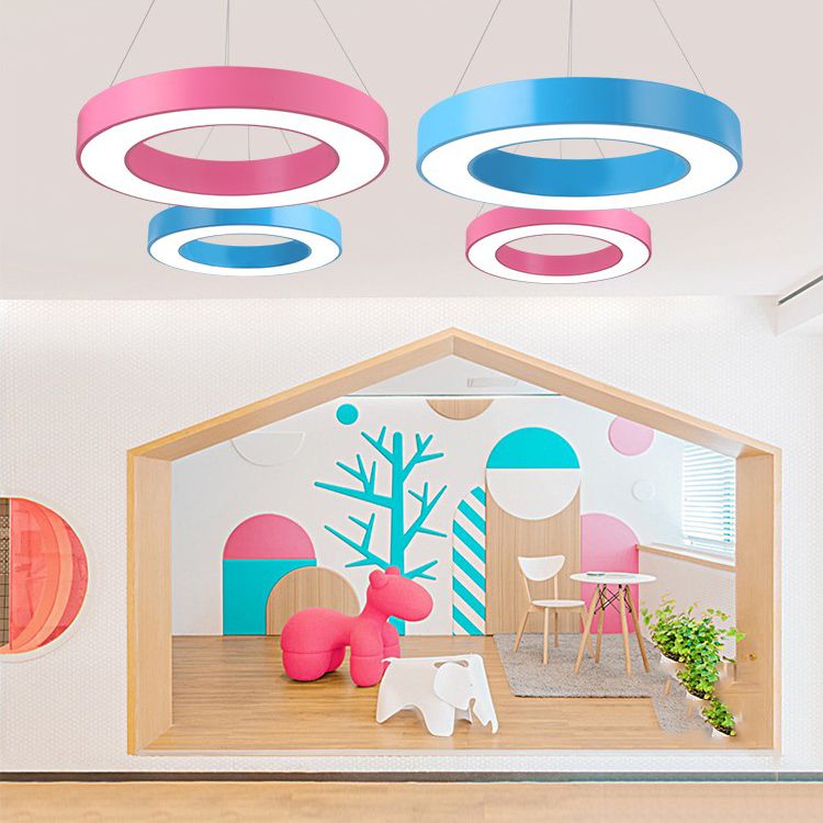 Circular Kindergarten Ceiling Pendant Metallic Minimalist LED Suspension Light