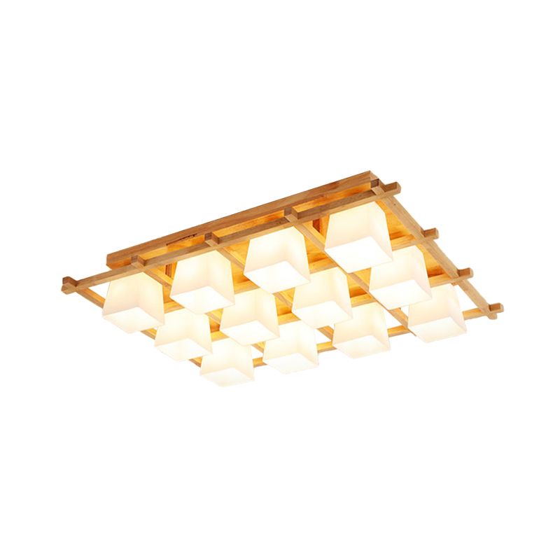 Wooden Checkerboard Shape Flush Mount Light Study Room Japanese Style Ceiling Light in Beige