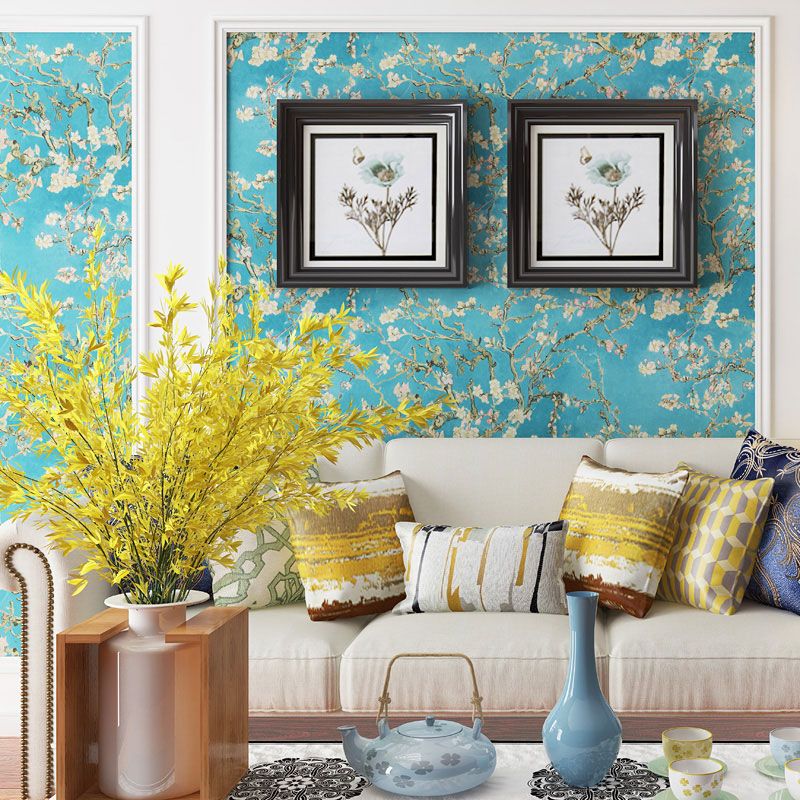 Blue and White Rural Wallpaper 20.5"W x 33'L Apricot Flower Wall Decor for Dining Room