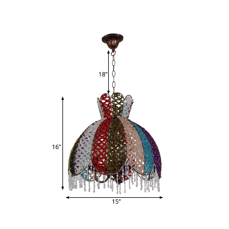 Bohemian Scalloped Pendant Chandelier 3 Heads Metal Hanging Ceiling Light in White/Red/Yellow with Dangling Crystal