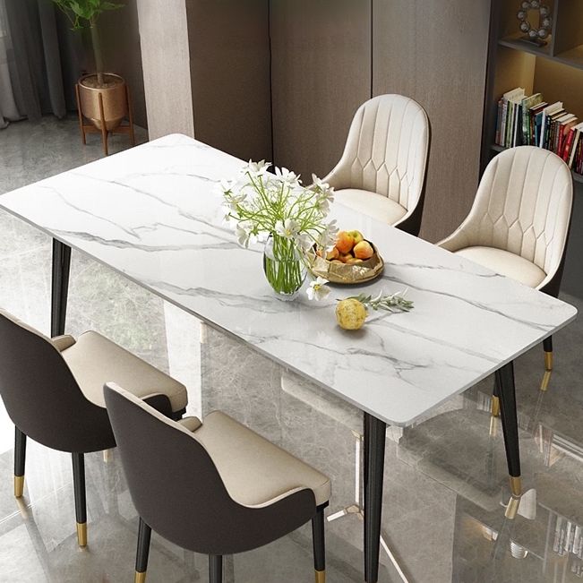 Contemporary Fixed Faux Marble Dining Room Table with 4 Black Metallic Legs Kitchen Dining Set