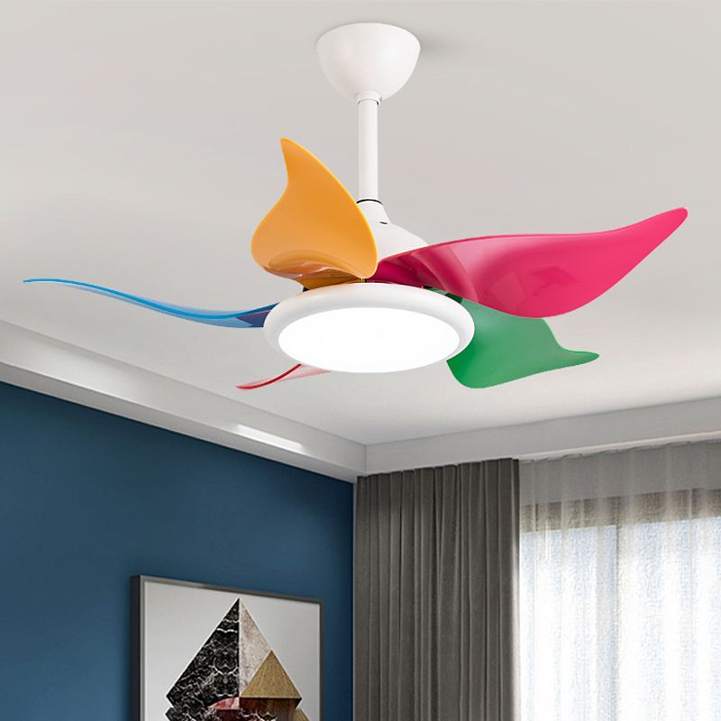 Colorful Round Hanging Fan Light Macaron Style Metal Bedroom LED Semi Flush Mount Lamp