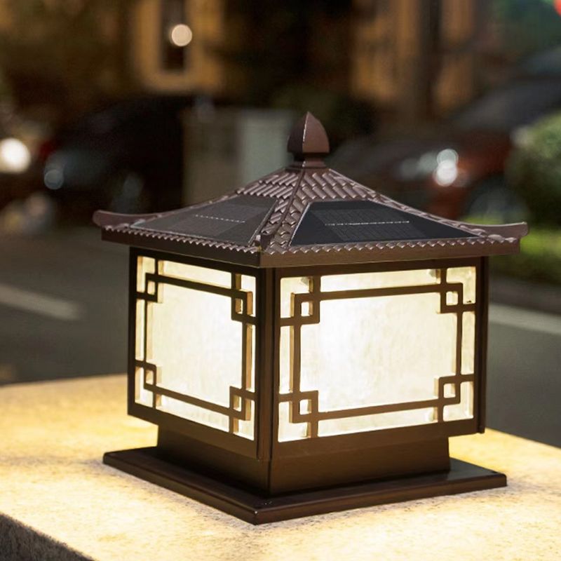 Rectangular Shape Metal Solar Pillar Lamp Modern 1 Light Outdoor Waterproof Light in Brown