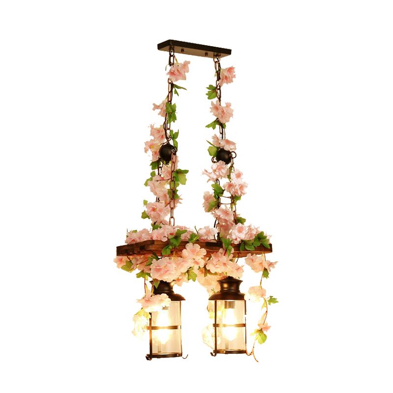 Lantern Restaurant Island Ceiling Light Retro Wooden 2/3 Heads Pink/Green LED Drop Lamp with Plant/Flower Decor
