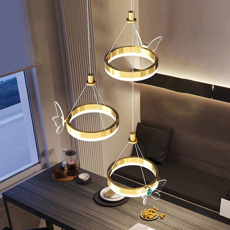 Brass Ring LED Pendant Minimalist Metal Hanging Light with Butterfly Decoration