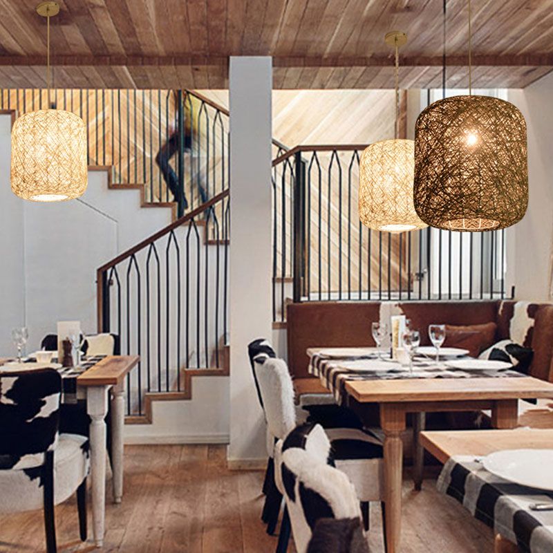 Cylinder Ceiling Hanging Lantern Chinese Style Rattan 1 Bulb Restaurant Pendant Lamp